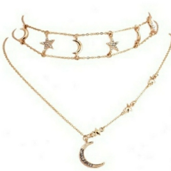 Gold Moon and Stars Layered Choker Necklace - Picture 2 of 7
